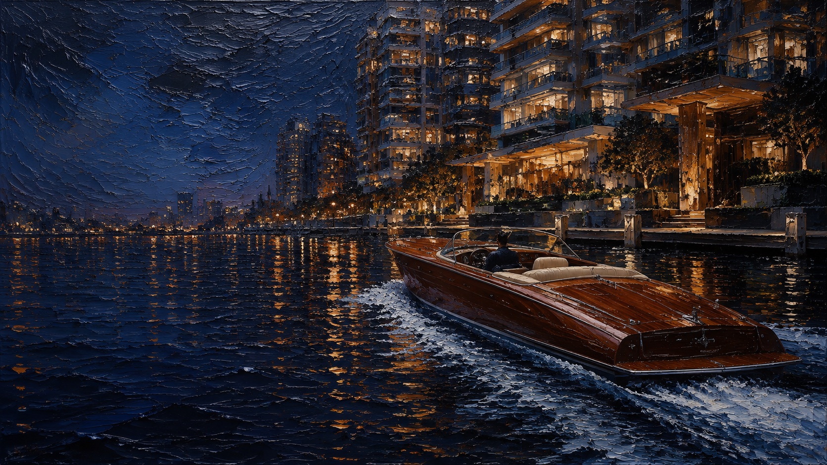 Painted night harbour with a wooden speedboat